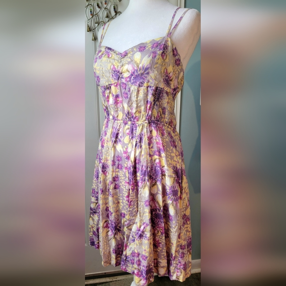 90s Y2K Vintg Free People Floral Sundress Womens 10 Taupe Purple Yellow Smocked